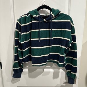 Zaful Blue Green Striped Cropped Hoodie Large